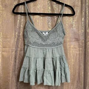 Amber Sky Sage Green Boho Western Beaded Tiered Tank Top Small NWT